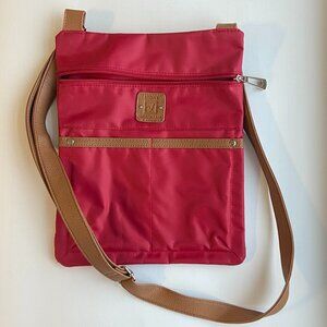 Stone Mountain Red Nylon Cross Body Bag With Tan Leather-Like Adjustable Strap